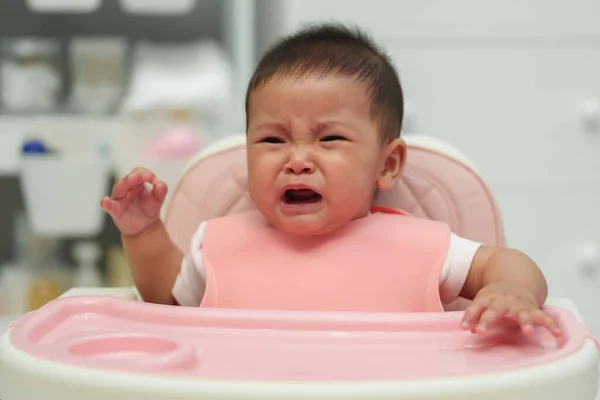 Crying Infant Baby Sitting Eating Chair Home — Stock Photo, Image