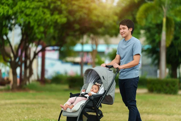 Happy Father Pushing Infant Baby Stroller Walking Park — Stock Photo, Image