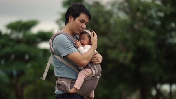 Father Consoling His Crying Infant Baby Carrier Park — Stockvideo