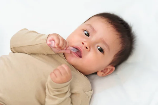 Bebê Feliz Com Escova Dentes Escovação Dentes Infantil — Fotografia de Stock