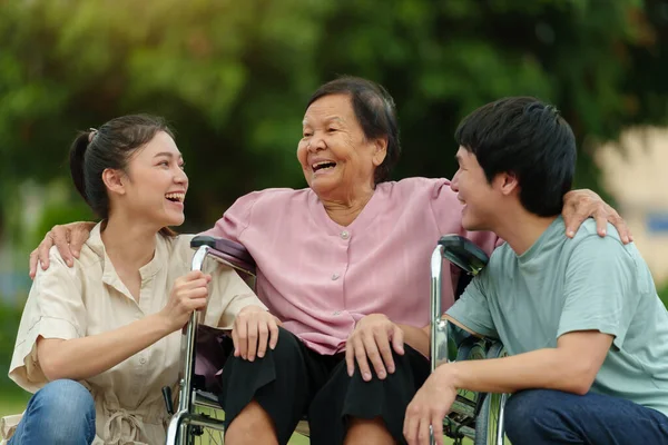 Счастливый Внук Внучка Разговаривают Старшей Женщиной Инвалидной Коляске Парке — стоковое фото