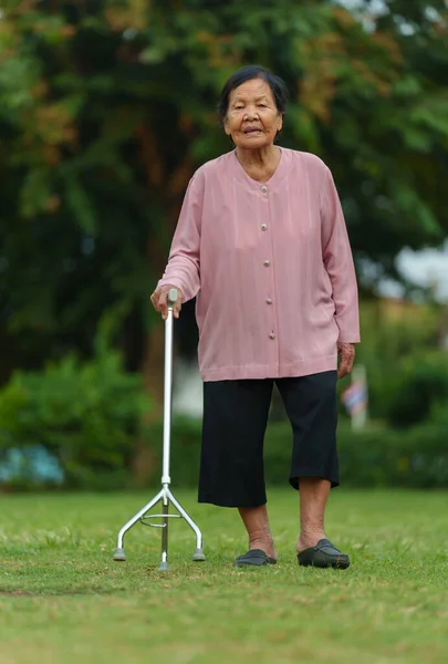 Пожилая Женщина Тростью Травяном Поле Парке — стоковое фото