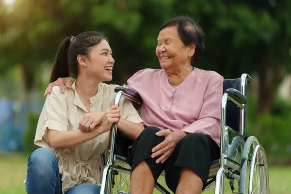 Glückliche Junge Enkelin Gespräch Mit Seniorin Rollstuhl Park Stockbild