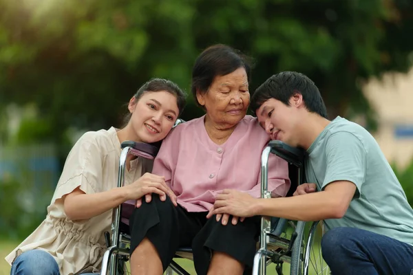 Счастливый Внук Внучка Старшей Женщиной Инвалидной Коляске Парке — стоковое фото
