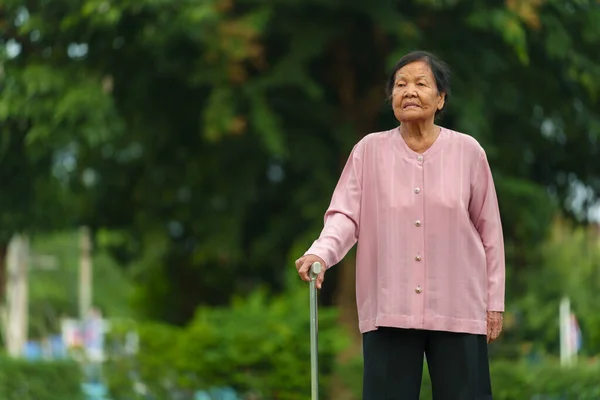 Senior Woman Walking Stick Park — Stock Photo, Image