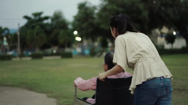 孙女在公园推着轮椅上的老妇人 — 图库视频影像