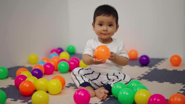 Säugling Spielt Bunte Plastikbälle Laufstall — Stockvideo