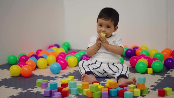Bebelușul Jucând Jucărie Bloc Din Lemn Playpen Acasă — Videoclip de stoc