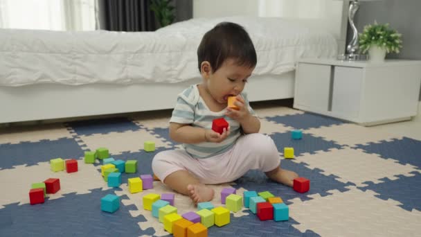 Säugling Beißt Holzklotz Spielzeug Auf Puzzle Matte Schlafzimmer — Stockvideo