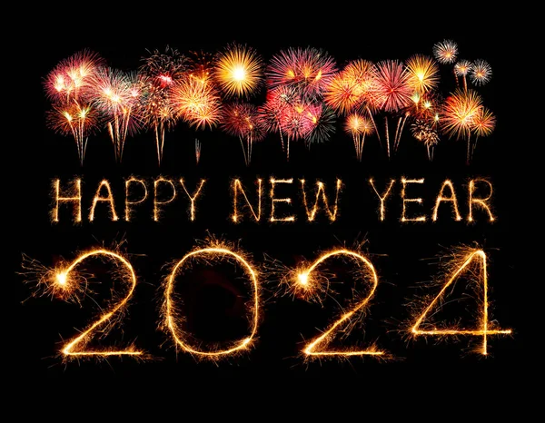 2024 Happy New Year Fireworks Celebration Written Sparkling Night Stock Picture