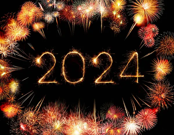 2024 Happy New Year Fireworks Celebration Written Sparkling Night Stock Photo