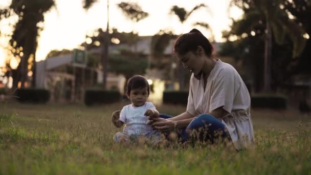 子供の赤ん坊が座って日没の公園の草原で遊んでいる母親 — ストック動画