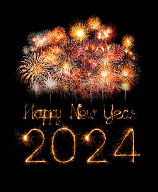 2024 mutlu yıllar havai fişek kutlaması. Gece ışıldıyor.