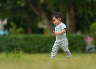 Bebek parkta yeşil çimlerin üzerinde ilk adım atmayı öğreniyor.
