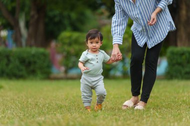 Bebek, çim tarlasında ilk adımı atarken annesinin el ele tutuşup parkta yardım etmesini öğreniyor.
