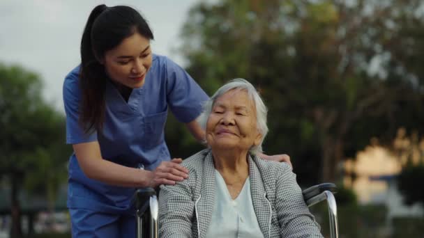 Mutlu Hemşire Parkta Tekerlekli Sandalyedeki Yaşlı Kadın Hastayla Ilgileniyor Onunla — Stok video