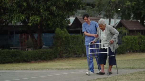 Νοσοκόμα Φροντιστής Υποστηρίζει Ηλικιωμένη Γυναίκα Που Περπατά Τον Γουόκερ Στο — Αρχείο Βίντεο