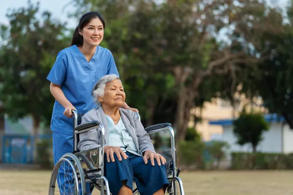 Ευτυχισμένη Νοσοκόμα Φροντίζει Και Σπρώχνοντας Ηλικιωμένη Γυναίκα Αναπηρική Καρέκλα Στο Φωτογραφία Αρχείου