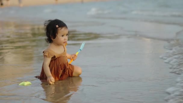 Happy Toddler Baby Girl Playing Toy Water Sea Beach Royalty Free Stock Video