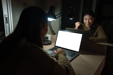 Bir gecede dizüstü bilgisayarla çalışan başarılı kadın (kırpma yolu ile))