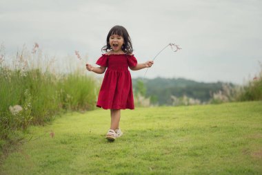 Mutlu küçük kız çimenlikte yürüyor