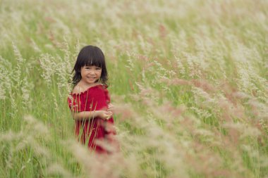 Kırmızı elbiseli neşeli kız tarlada çimen çiçeği oynuyor.