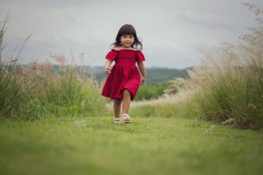 Mutlu küçük kız çimenlikte yürüyor