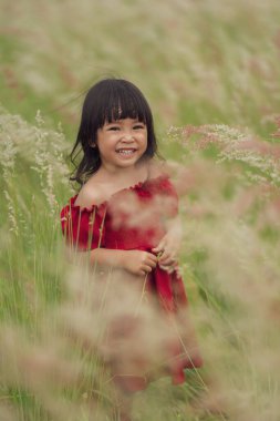Kırmızı elbiseli neşeli kız tarlada çimen çiçeği oynuyor.