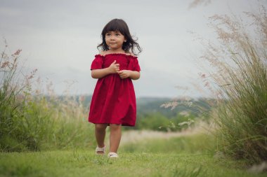 Mutlu küçük kız çimenlikte yürüyor