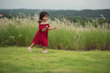 Kırmızı elbiseli mutlu kız çim tarlasında koşuyor.