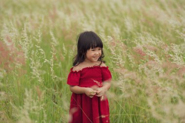 Kırmızı elbiseli neşeli kız tarlada çimen çiçeği oynuyor.