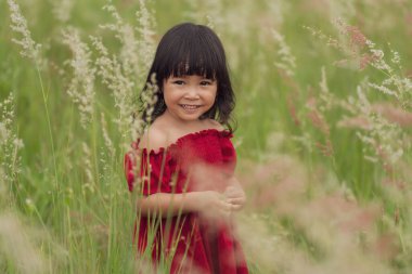 Kırmızı elbiseli neşeli kız tarlada çimen çiçeği oynuyor.