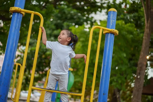 Parktaki çocuk parkında oynayan ve tırmanan mutlu kız.
