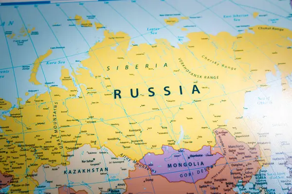 Κοντινό Πλάνο Της Λέξης Ρωσία Χώρα Έναν Παγκόσμιο Χάρτη Λεπτομερές Φωτογραφία Αρχείου