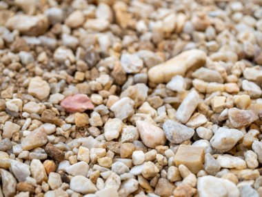 Çeşitli çakıl ve çakıl taşlarının detaylı bir görüntüsü açık arazideki dokuların doğal güzelliğini ve çeşitliliğini sergiliyor..
