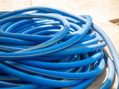 Canlı bir mavi bahçe hortumu, bahçe işlerinde kullanılmak üzere sarılmış olarak yatar..