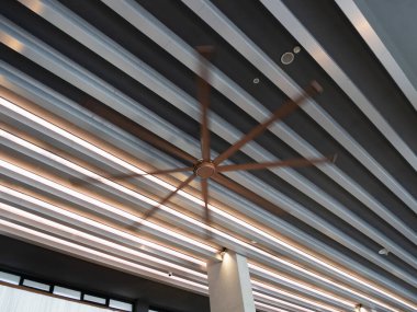 Gösterişli bir tavan vantilatörü, modern bir kapalı alan genişletme hava akımına stil ve konfor katar..