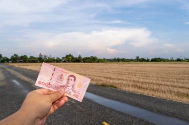 Tayland 'da ekonomik faaliyeti sembolize eden geniş bir kırsal alana karşı banknot tutan bir kişi..