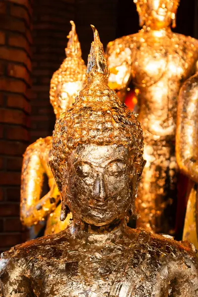 Huzurlu bir tapınak ortamındaki altın Buda heykellerinin karmaşık detaylarını araştırın..