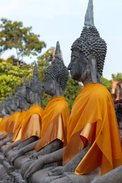 Eski bir tapınakta turuncu cübbeli Buda heykellerinin huzur veren güzelliğini keşfedin..