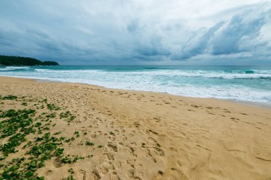 Fırtınalı gökyüzü ve nazik dalgaların yer aldığı sakin ama dramatik bir sahil sahnesi..