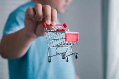 Bir çocuk alışveriş arabasıyla alışveriş yapmayı hayal ediyor. Oyuncak yaratıcılık sergiliyor. Rahat bir ev ortamı..