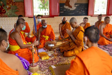 Chachoengsao, Tayland-13 Kasım 2023: Tayland Budist geleneklerini vurgulayan bir keşiş ayinine tanık olun.