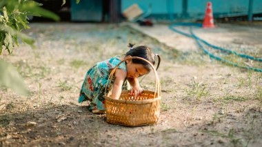 Çocuk, açık hava oyun sahasında eşya topluyor. Doğal ışık, tüm vücut görünümü, eğlenceli keşif.
