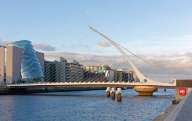 View of the Docklands in Dublin, Ireland, with the Samuel Beckett bridge in the foreground clipart