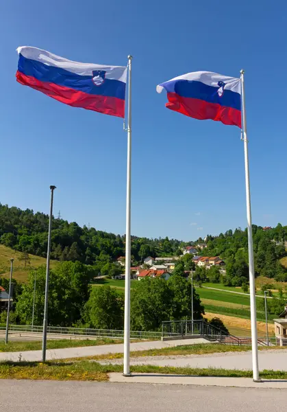 Duas Bandeiras Nacionais Acenando Eslovénia Contra Uma Paisagem Rural Imagem De Stock