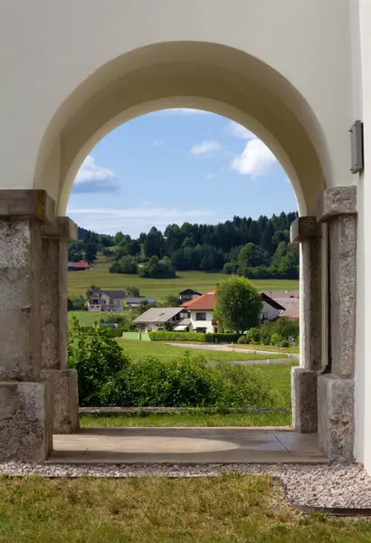 stock image Medieval Building and a pond in the park of Sneznik Castle, Slovenia