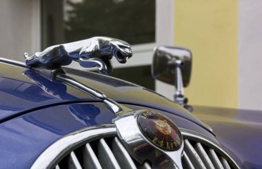 DUINO AURISINA, İtalya - 25 Ekim 2024: 1967-1969 yılları arasında üretilen Jaguar 240 model arabanın ön yüzü, Jaguar sembolüne yakın çekim ile