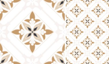 Döşeme deseni. Seramik fayanslar. Antika fayanslı. Kusursuz bir doku. Modern duvar kağıdı. Tasarımınız için kahverengi ve beyaz arka plan. Zemin süsü. Pottery folk baskısı. Sonsuz soyut çiçekleri. Vektör