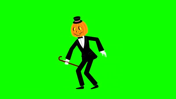 Pumpkin Head Dancer Black Tuxedo Dancing Tap Dance Cane Green — Stock Video